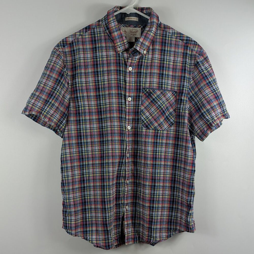 Mens Original Penguin Heritage Slim Fit Short Sleeve Button Down Shirt Size L